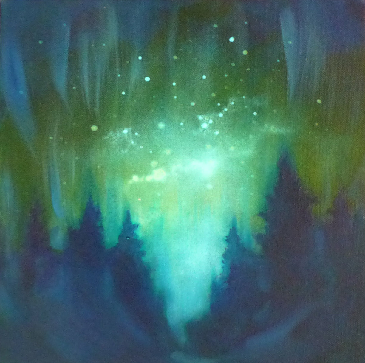 glow in the dark painting with green and blue hues on sky