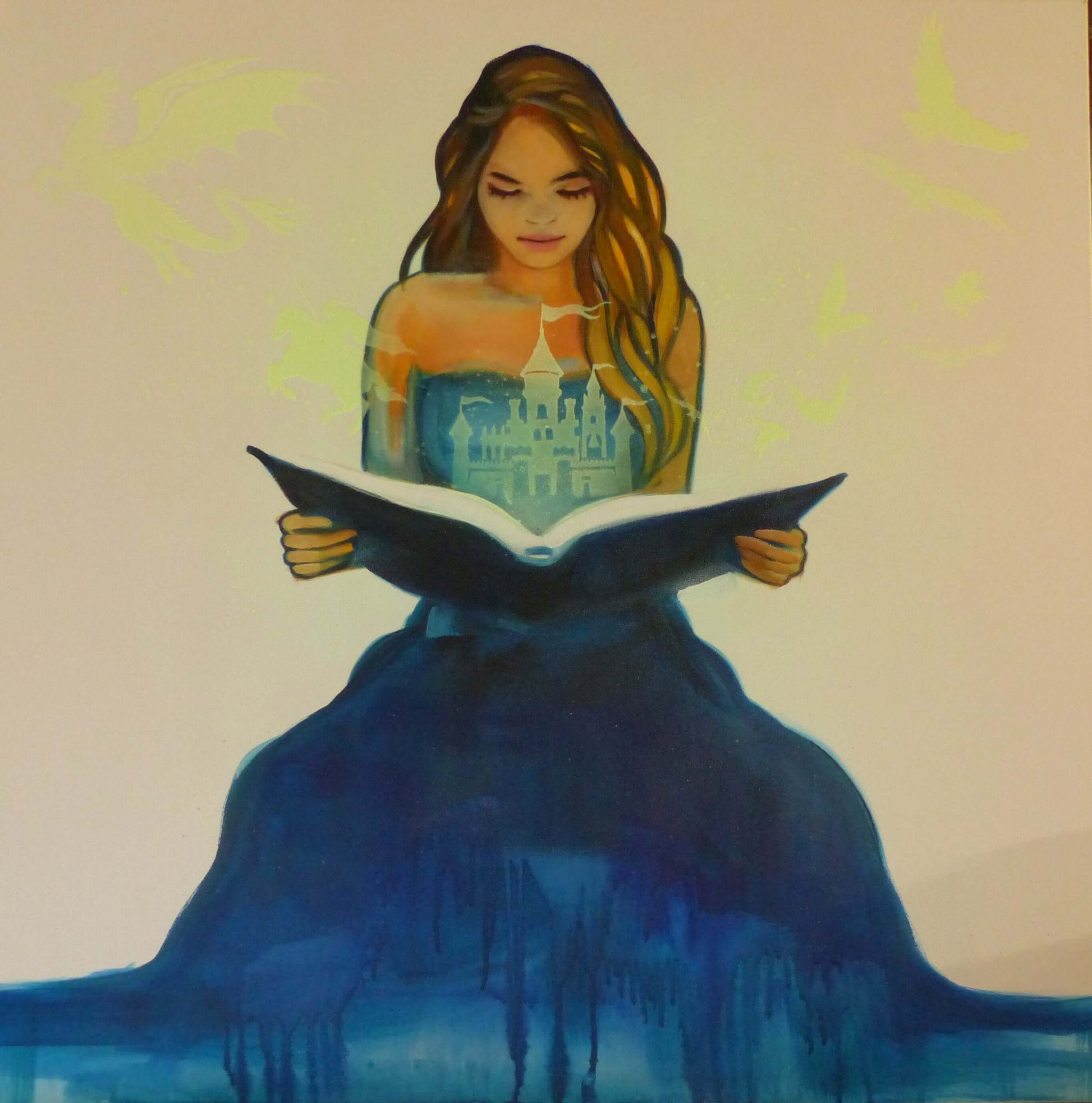 glow in the dark woman reading a book with a castle rising form the book, glow in the dark fantasy art