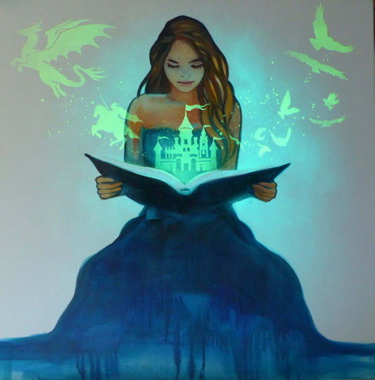 glow in the dark painting of girl reading a glowing book with fantasy elements like dragons and fairies.