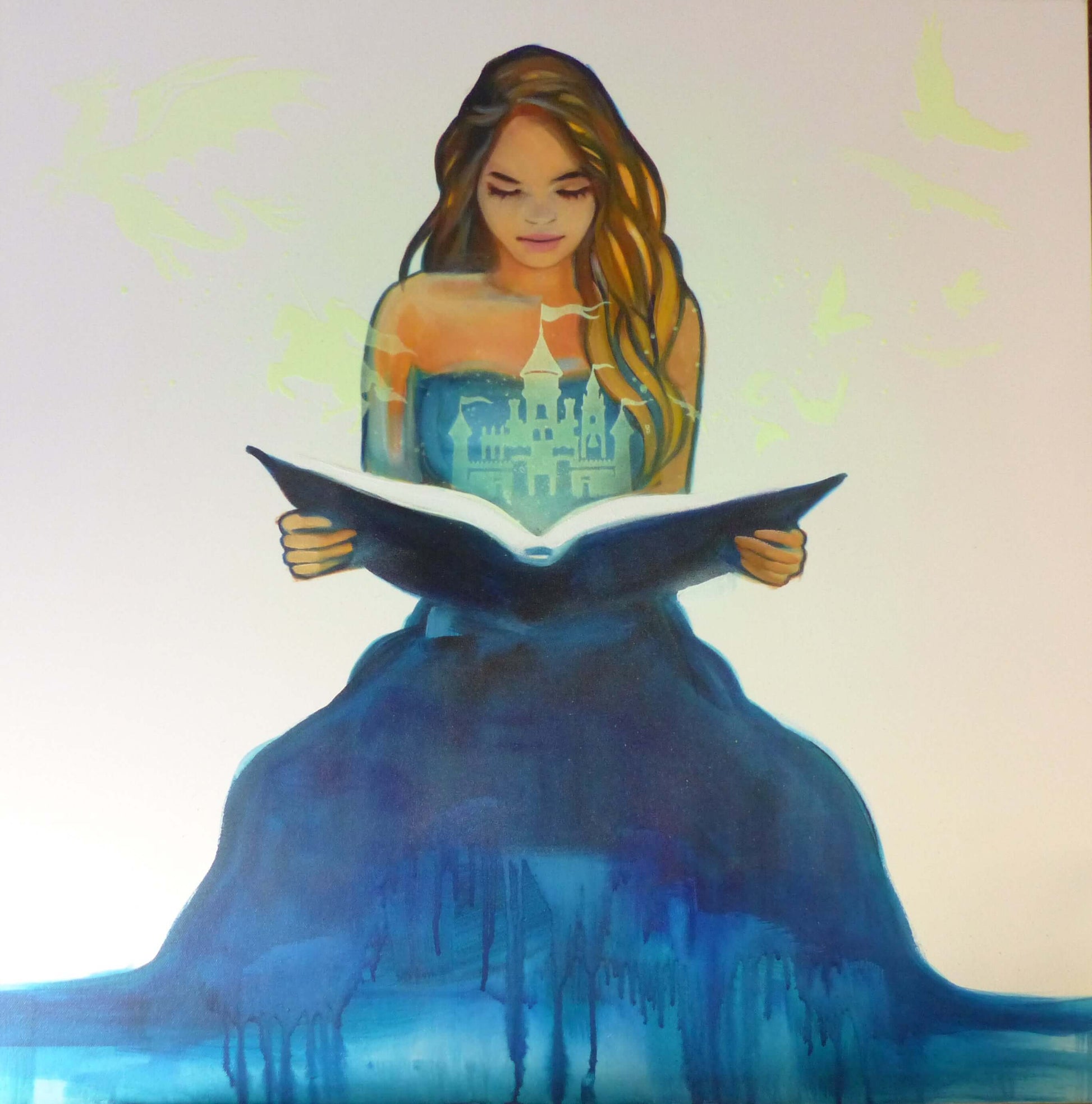glow in the dark painting of a woman in a blue dress holding an open book with a castle illustration.