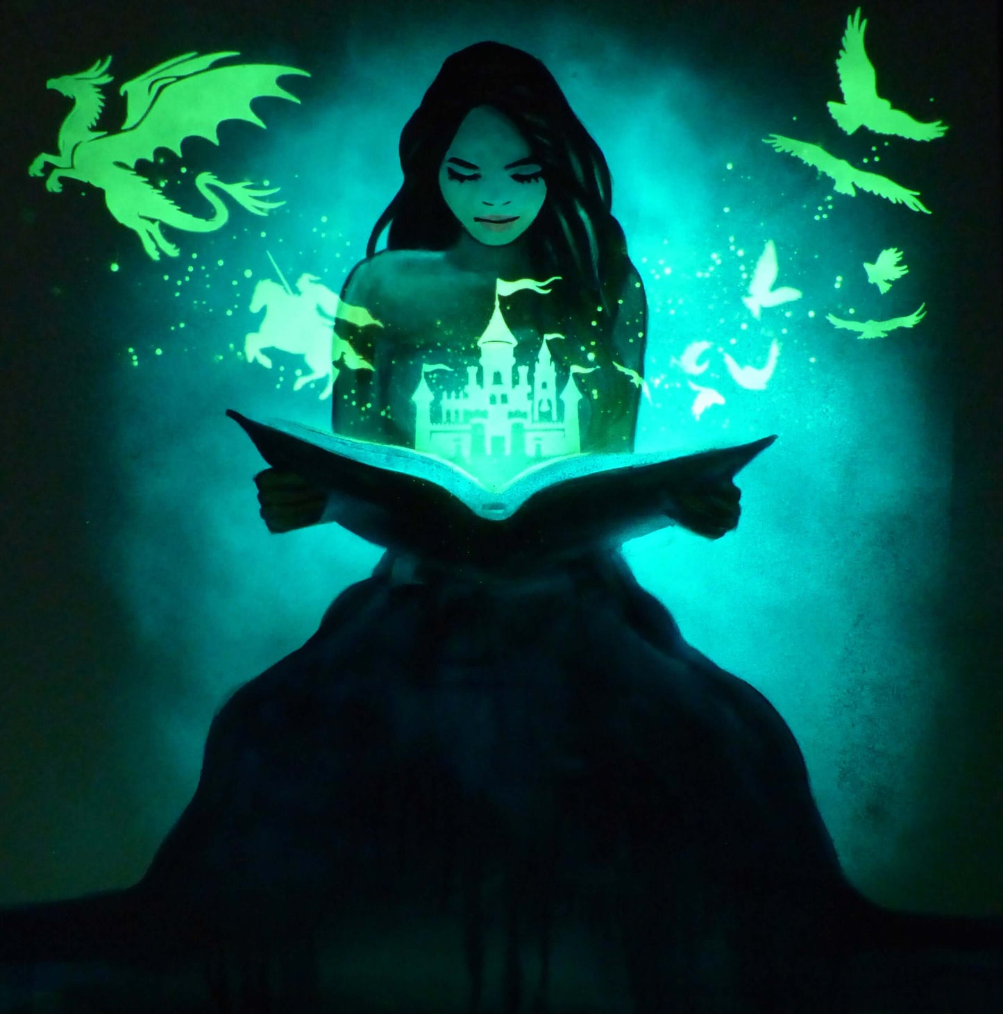 glow in the dark fantasy painting of Woman holding a glowing book with fantasy illustrations on a dark background
