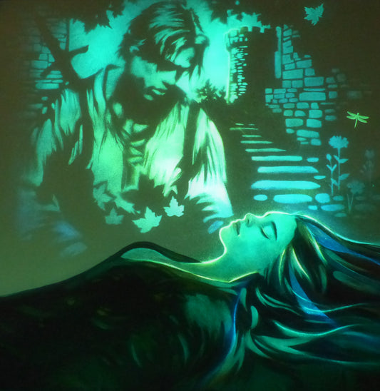 glow in the dark painting sleeping beauty with Brad Pitt as the prince