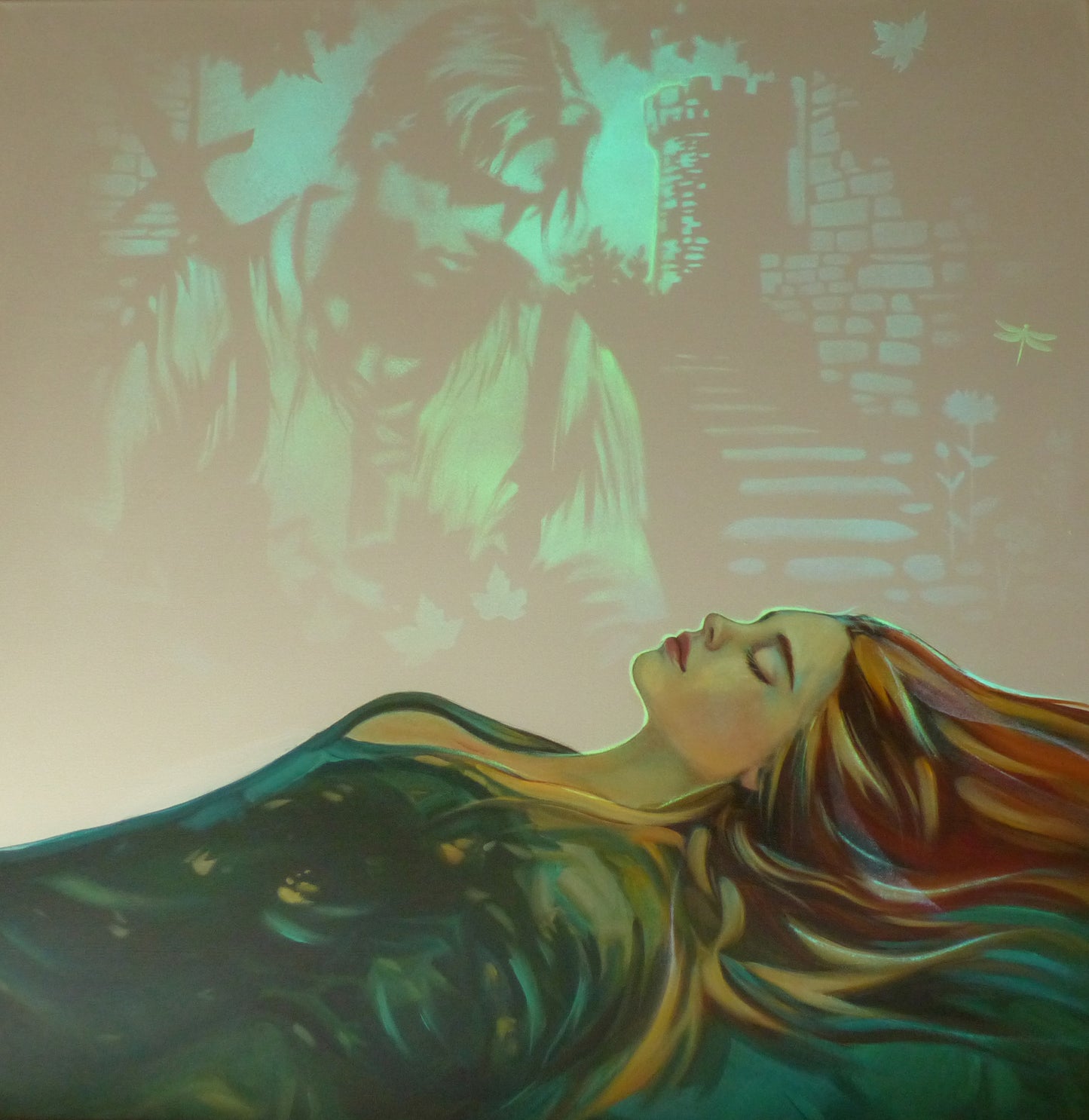 glow in the dark sleeping beauty painting with Brad Pitt as the prince