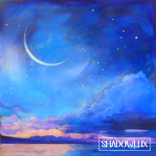 glow in the dark sky painting with moon and cloudy sky
