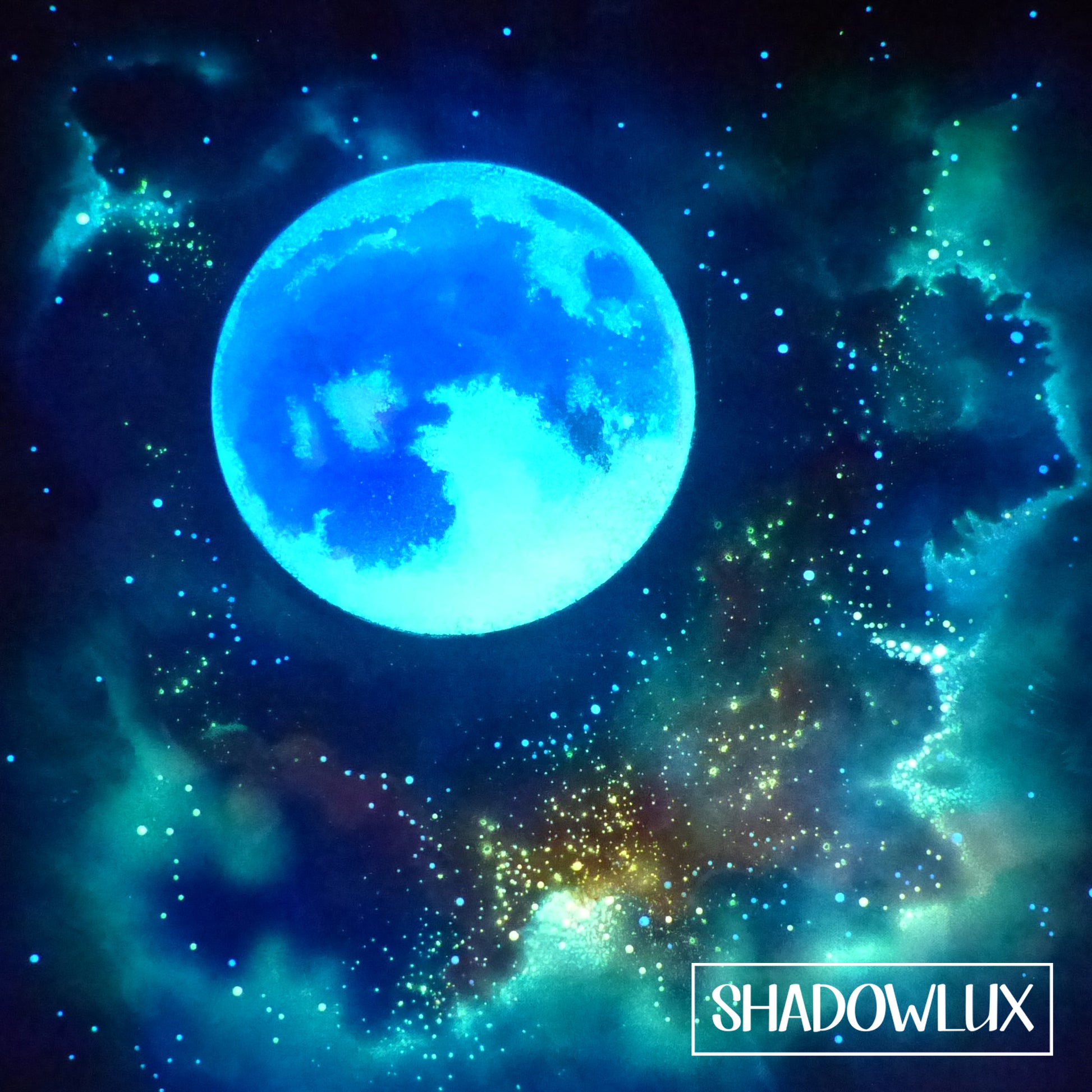 Glow in the dark moon painting with clouds and shadowlux art branding