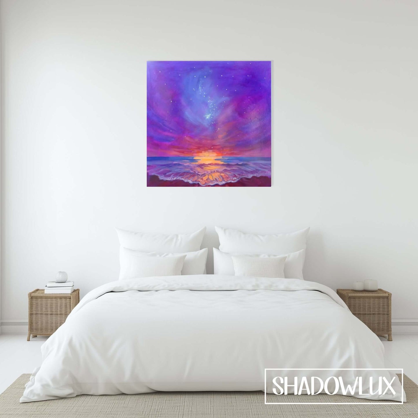 sunset painting that glows in the dark, on the wall during the day in a bedroom.