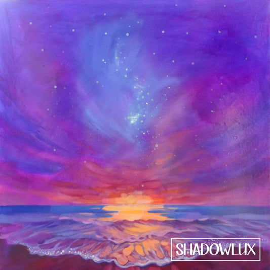glow in the dark sunset beach painting, stars and nebula glow at night