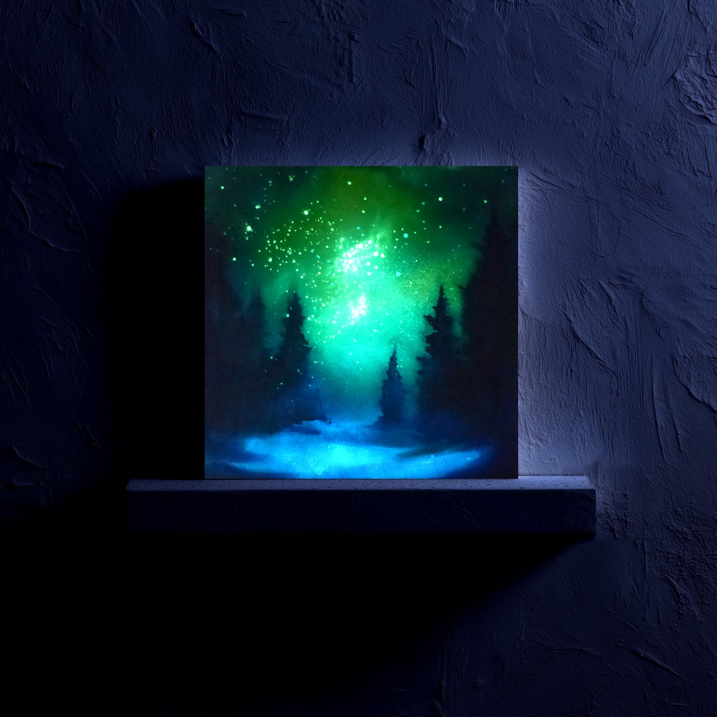 glow in the dark sky painting of a forest scene with green sky, stars and dark trees