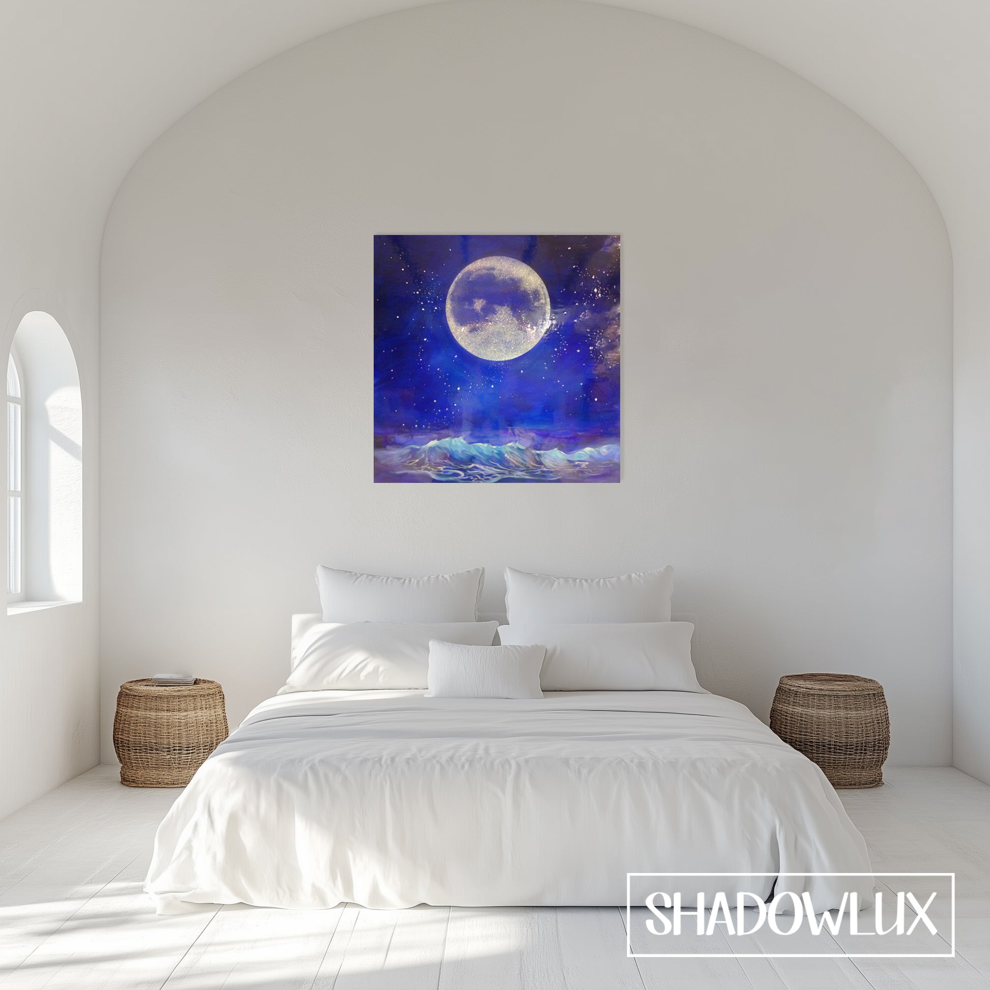 Daytime view of a beach painting with full moon and dark blue tones, displayed on a bedroom wall