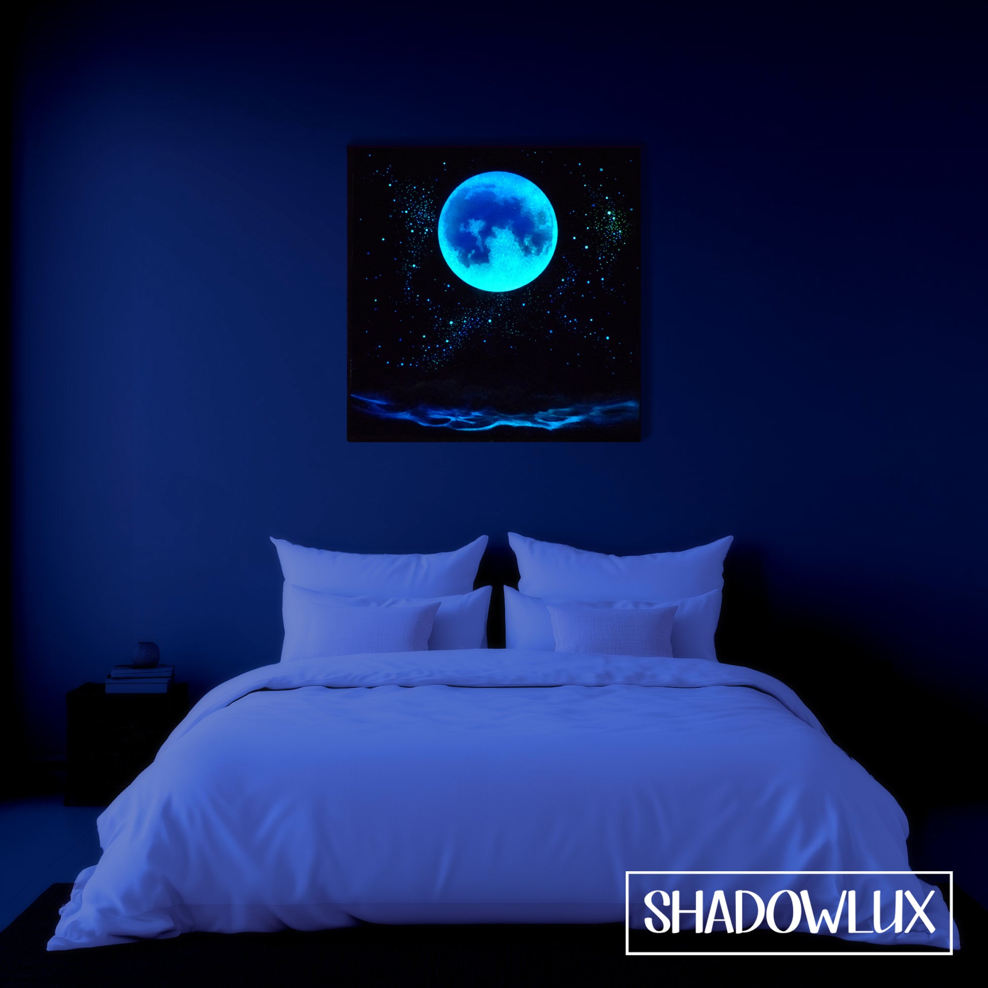 Glow in the dark painting of a moon over a dark blue ocean, glowing softly on a bedroom wall at night