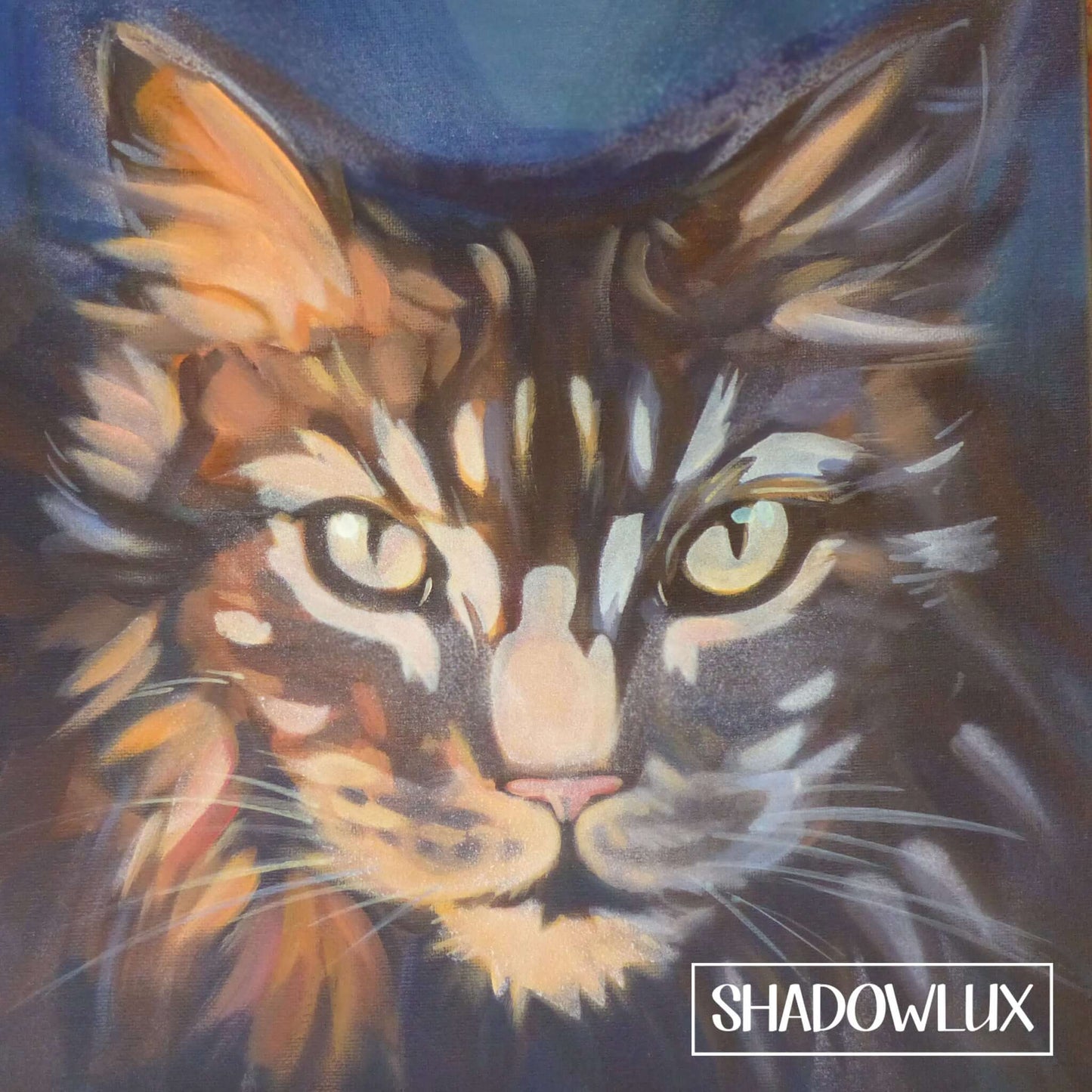 Luminous cat face in glow in the dark paint with subtle cosmic lighting
