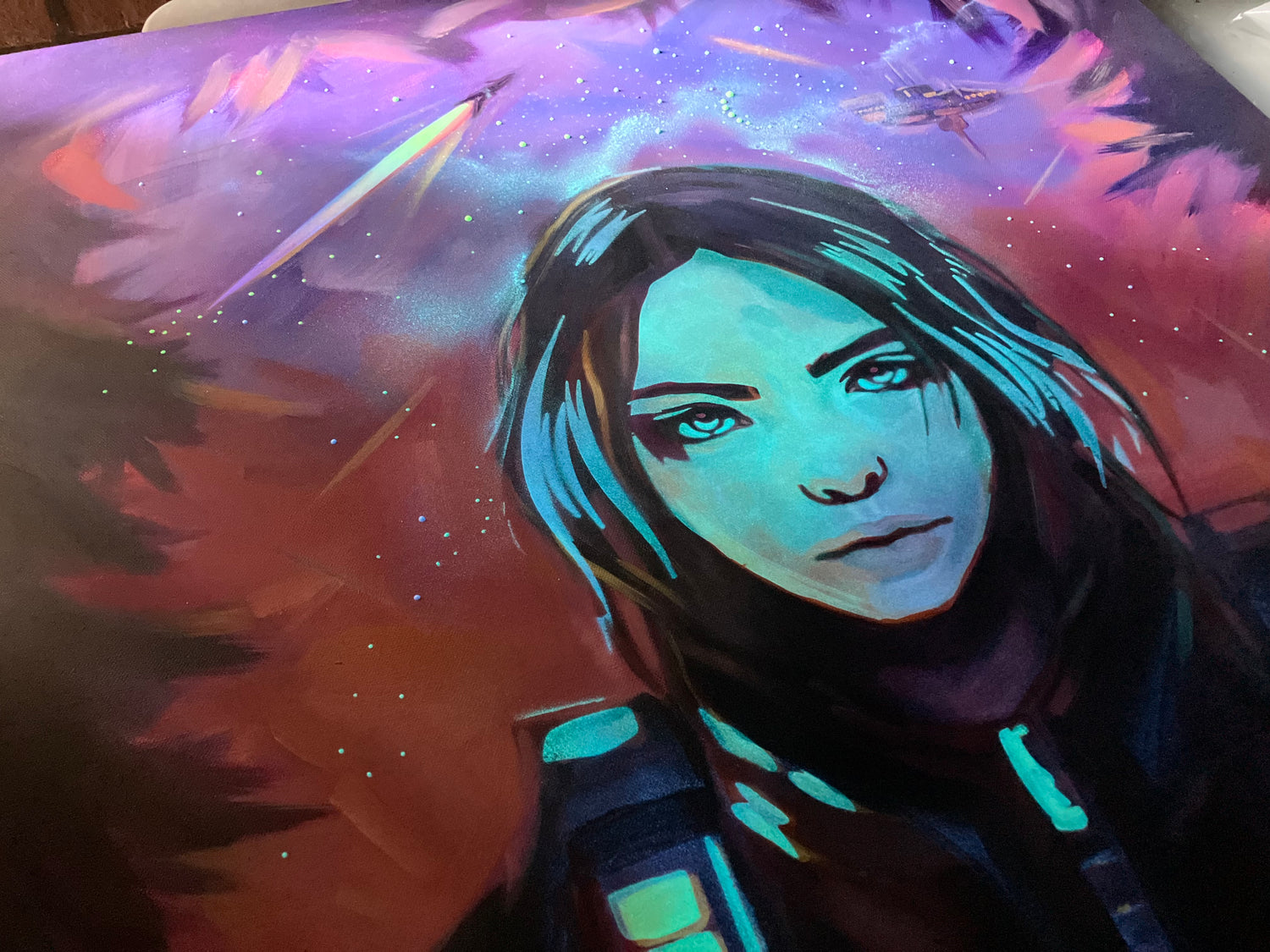 custom glow in the dark art, space girl with space ship and pink sky