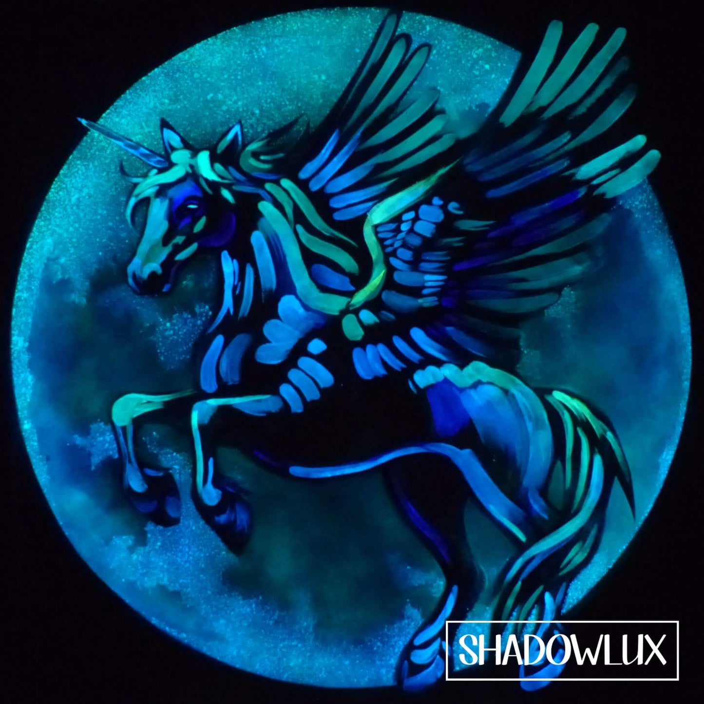 Glow in the dark painting of a Pegasus silhouetted against a large reddish full moon at night