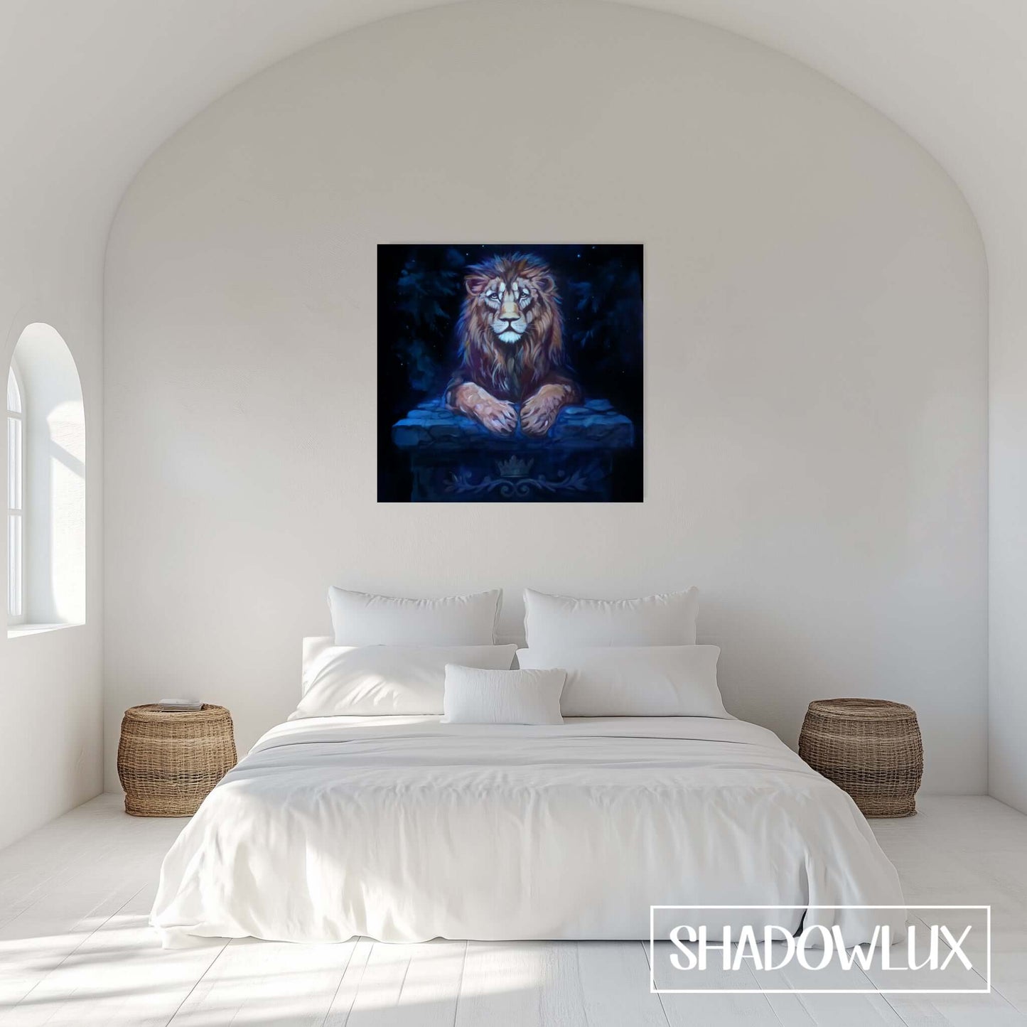 Daytime painting of a golden lion on a stone table with natural light and warm tones