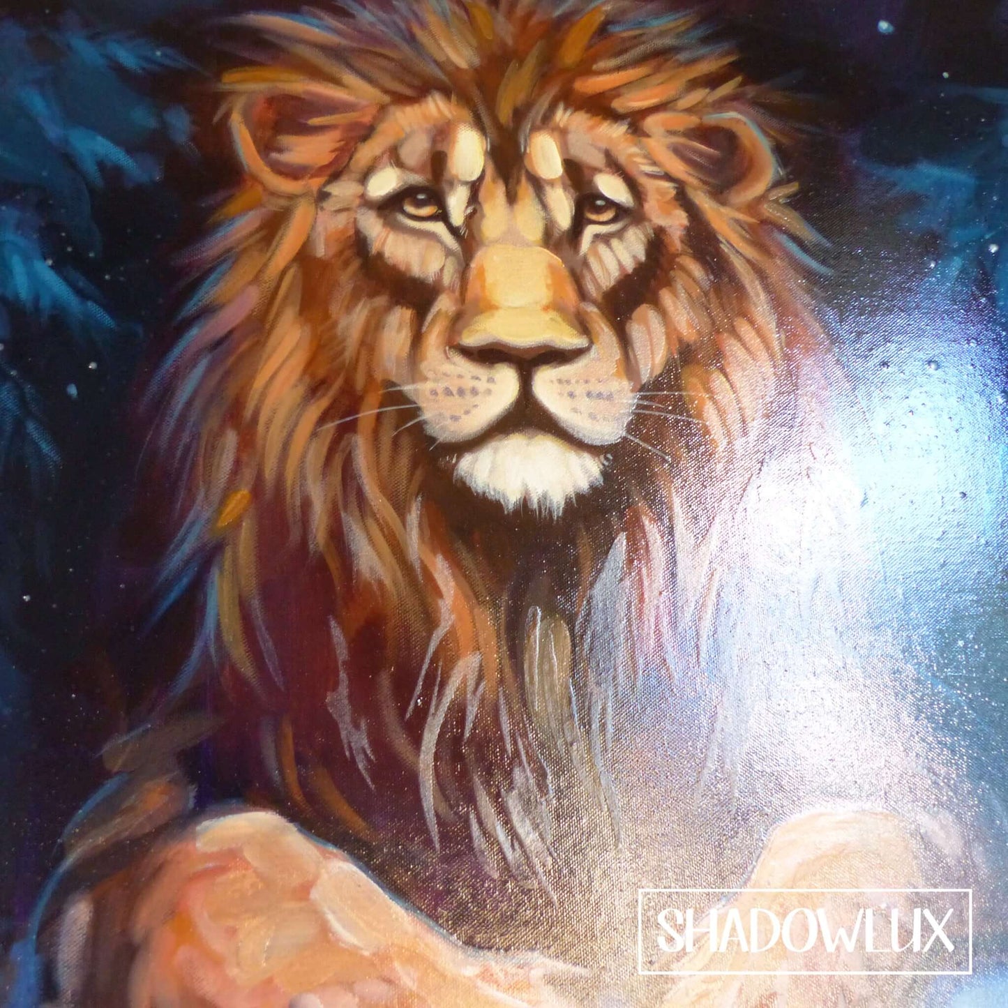 Hand-painted lion portrait on a stone table with warm daylight tones