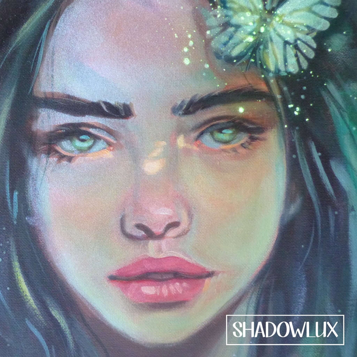 Original glow in the dark fantasy art of a dryad with a luminous butterfly in the forest