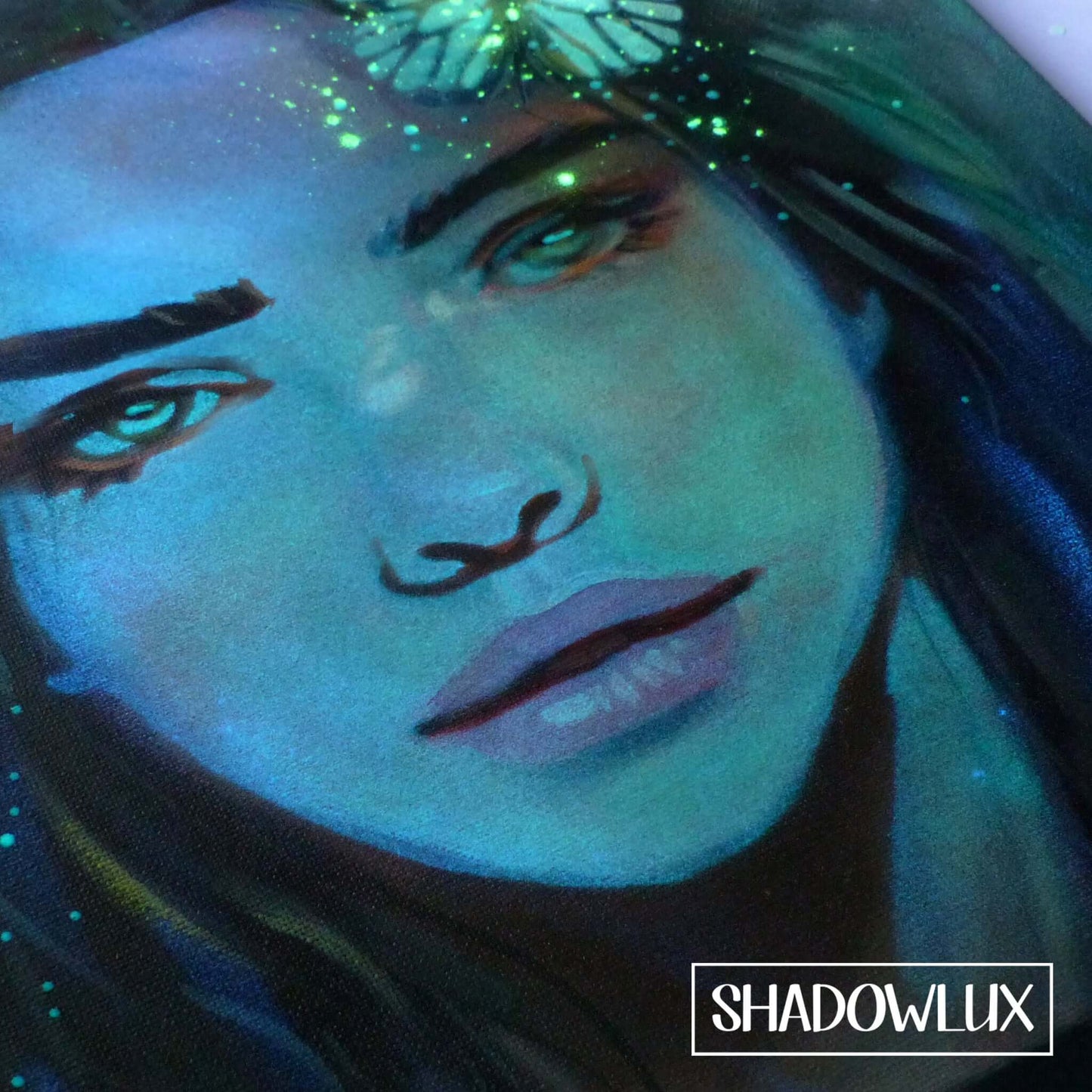 Ethereal glow in the dark dryad painting with butterfly light and mossy hues