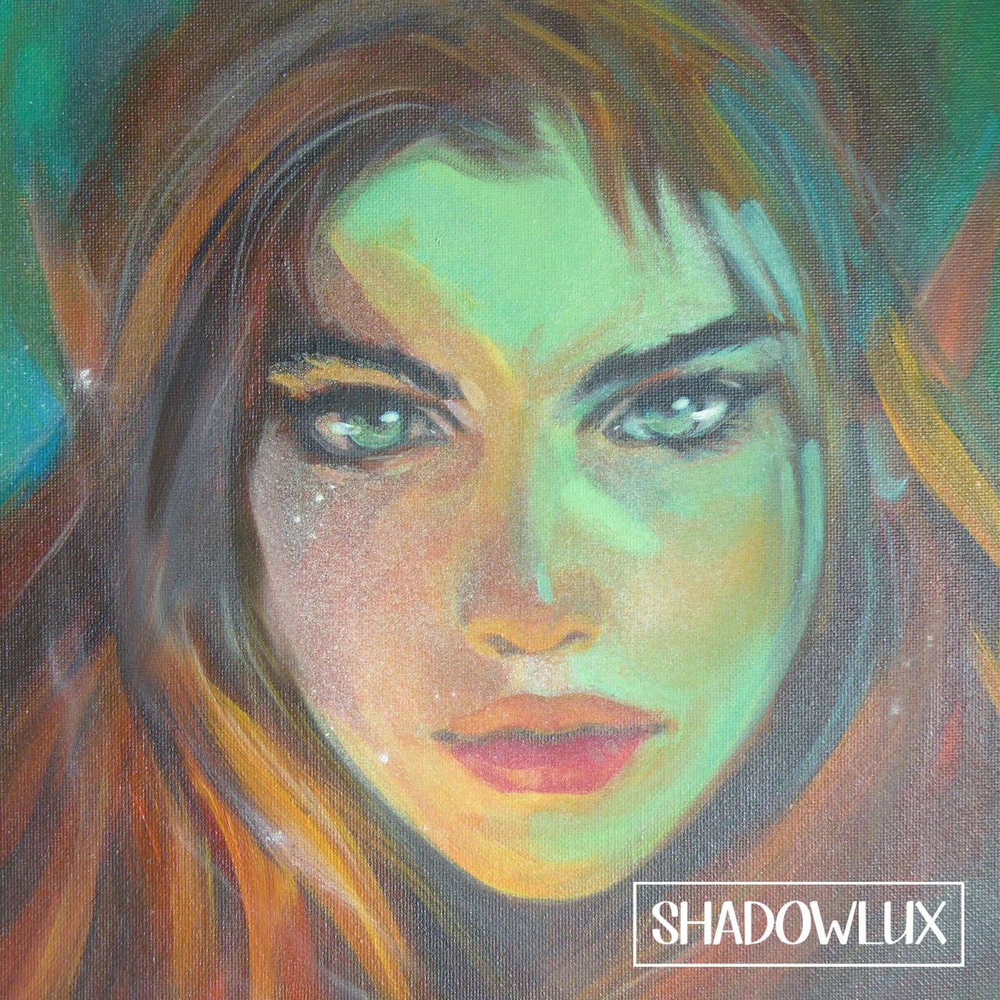 Ethereal painting of an elf named Ember Light with emerald glow and flame-toned hair