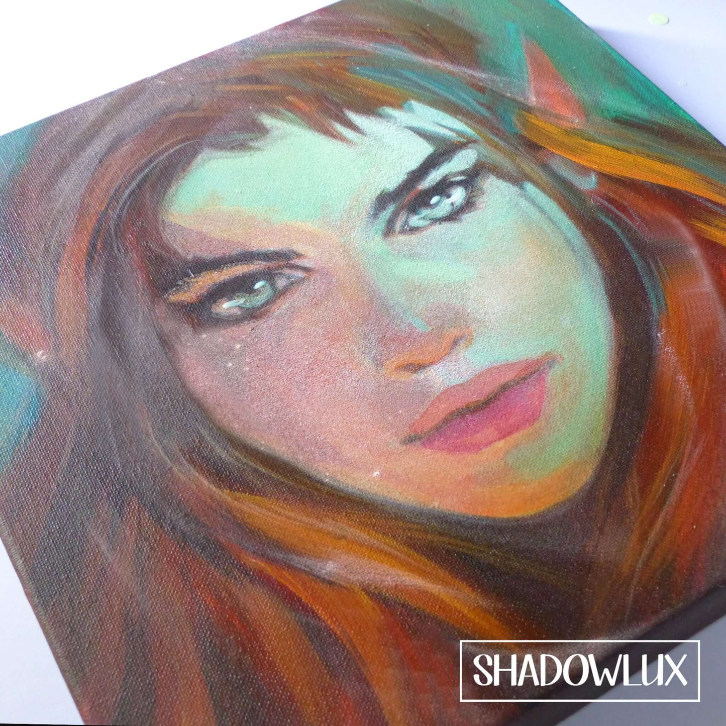 Glow in the dark portrait of Ember Light, red-haired elf girl surrounded by green light