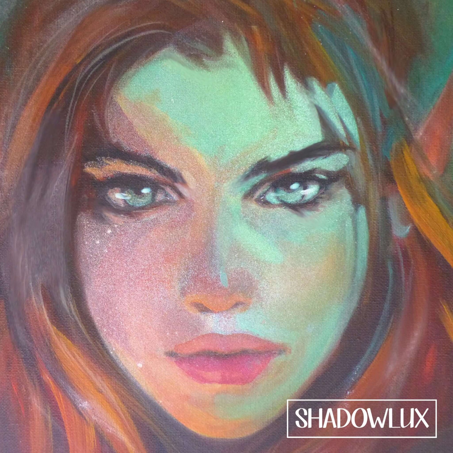 Glow in the dark artwork of a vibrant elf with flaming red hair and glowing green energy
