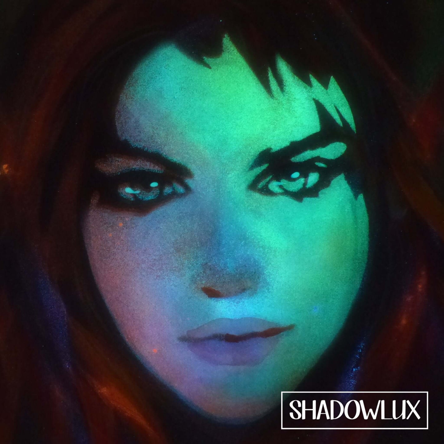 Fantasy painting of Ember Light, a glowing elf girl with red hair and emerald light