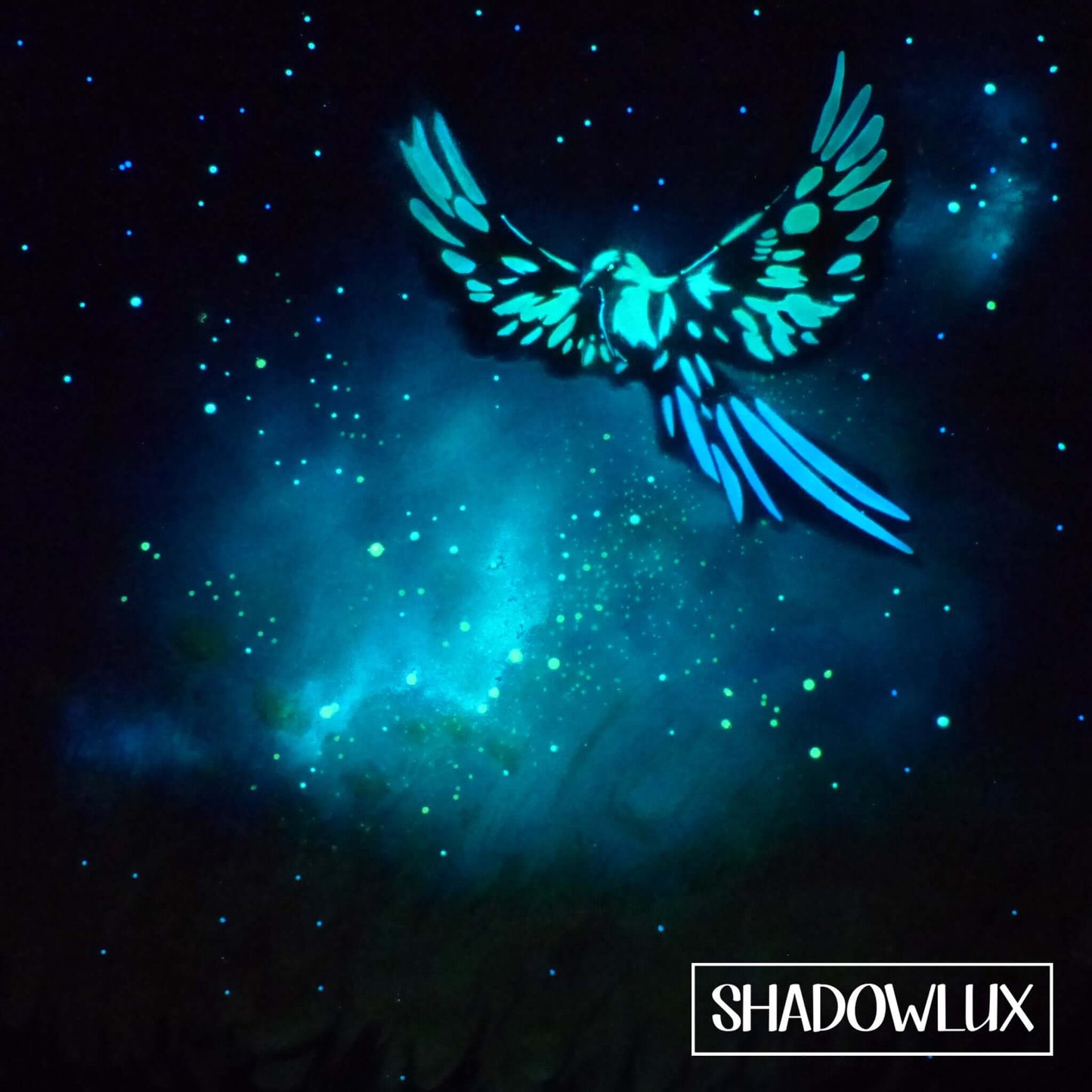 glow in the dark bird in field painting