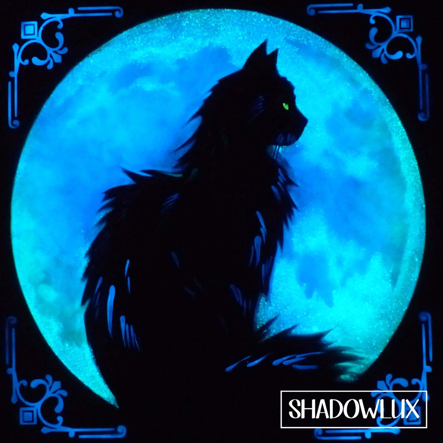 glow in the dark cat painting with blue full moon glowing in the dark