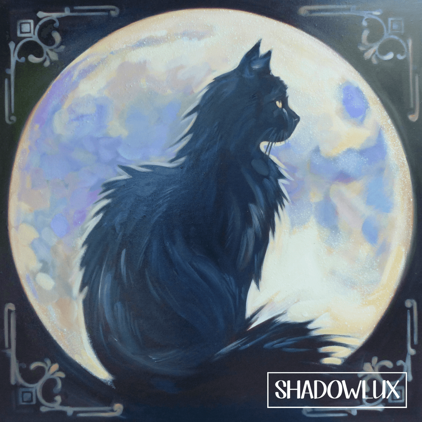 glow in the dark cat painting with a full moon framed by ornate patterns
