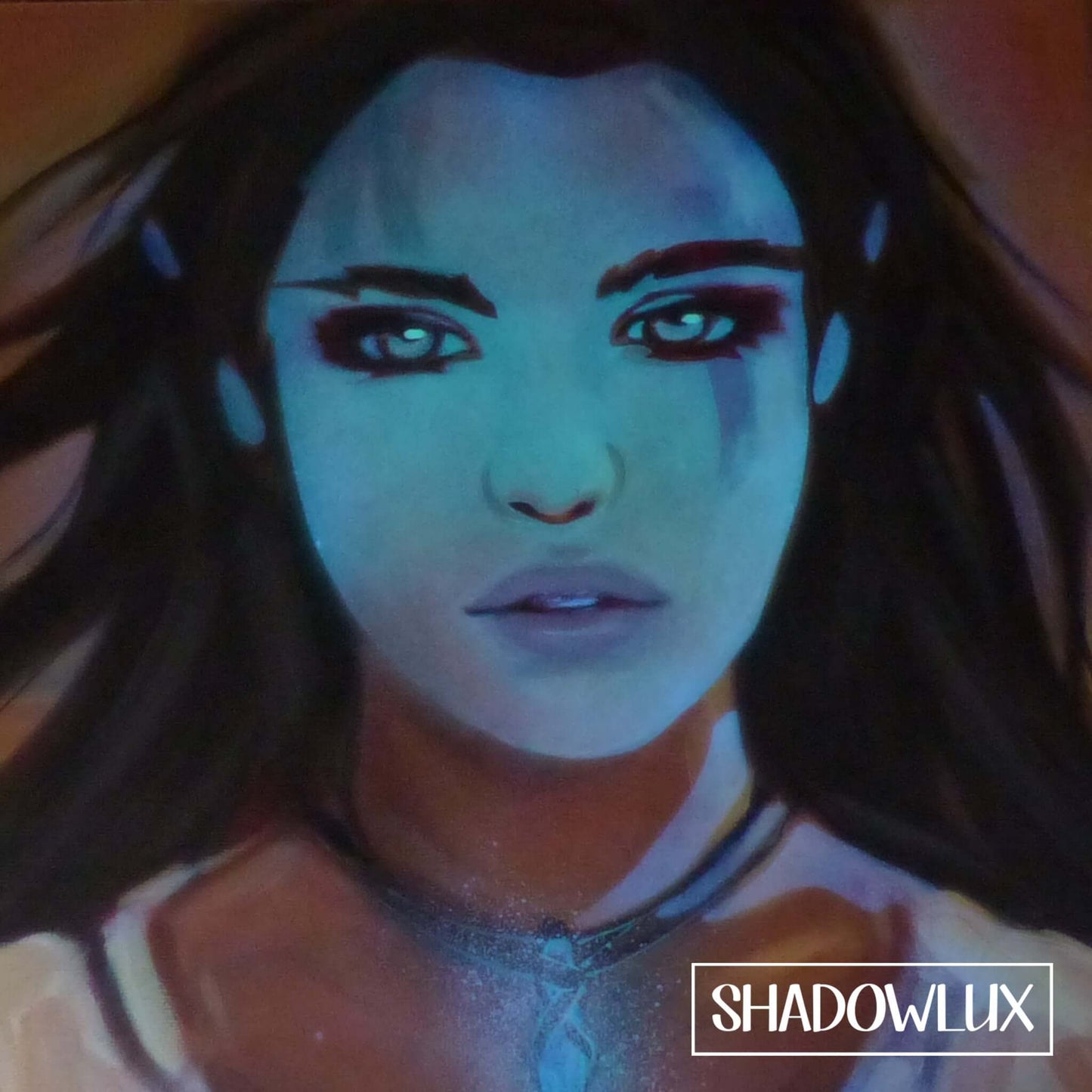 glow in the dark fantasy art of an elf girl with a blue magic pendant