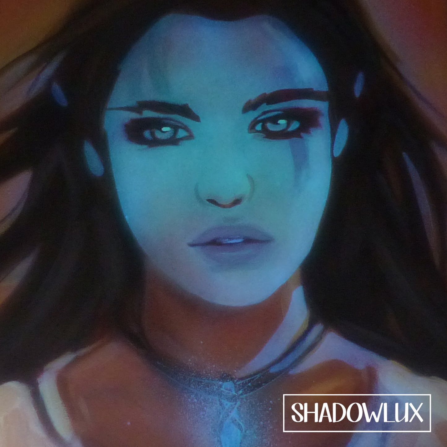 Glow in the dark painting of an elf with magical blue energy glowing from her necklace