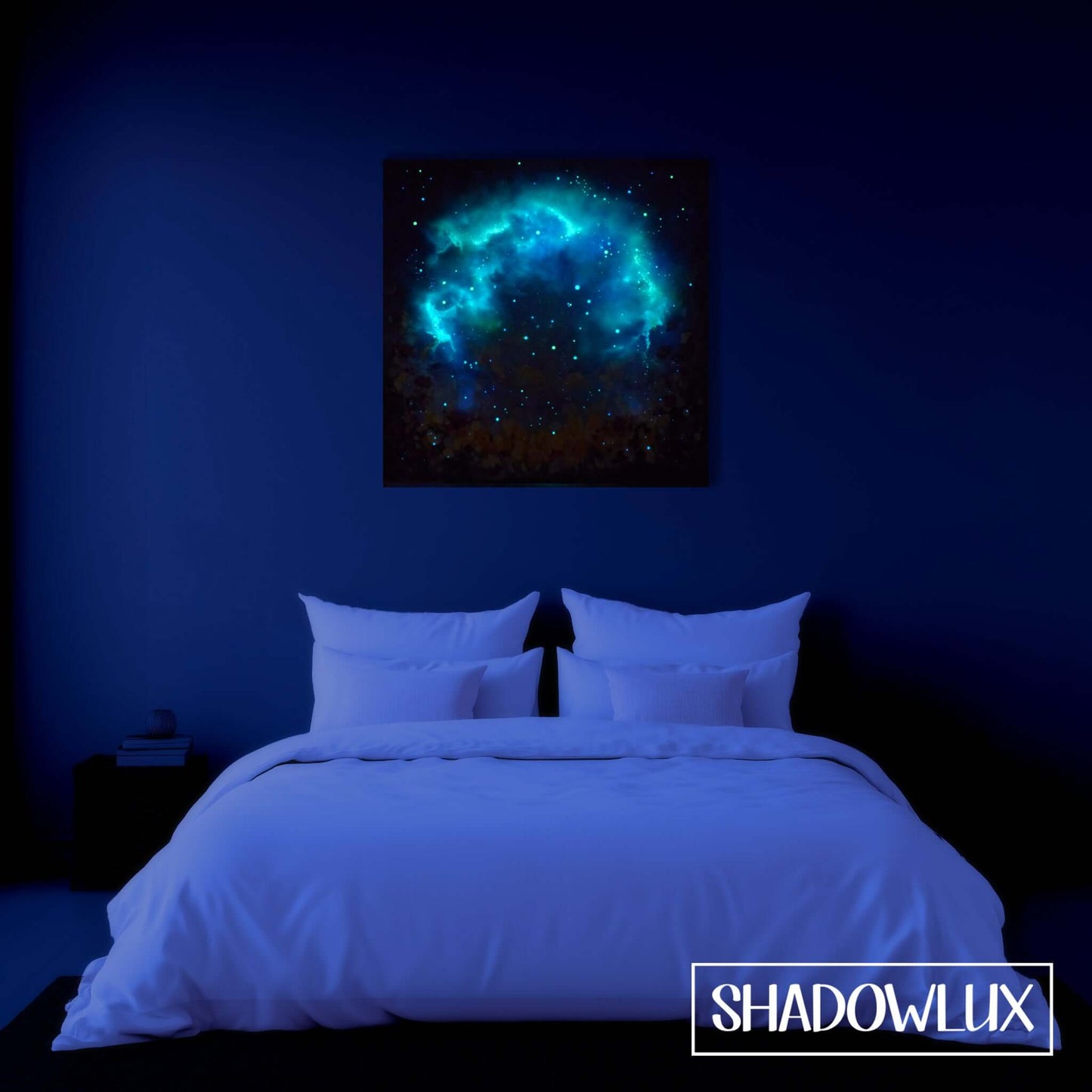 glow in the dark flower art at night on a bedroom wall, showing the nebula glowing at night