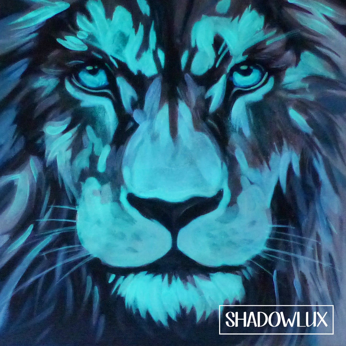 glow in the dark lion painting, closeup and illuminated by warm colours and blue light