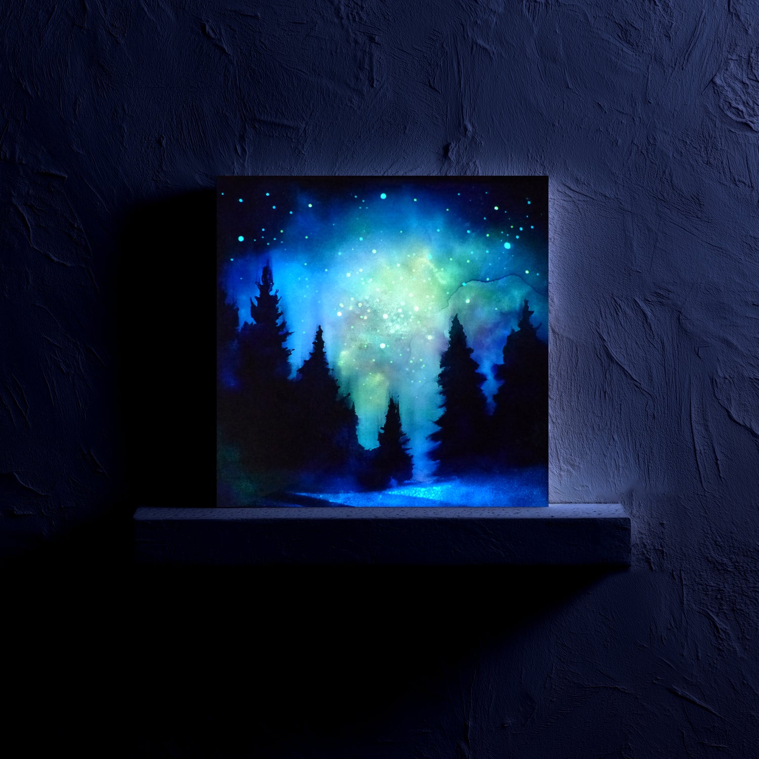 celestial glow in the dark painting of silhouetted forest trees with a night sky full of stars by shadowlux art