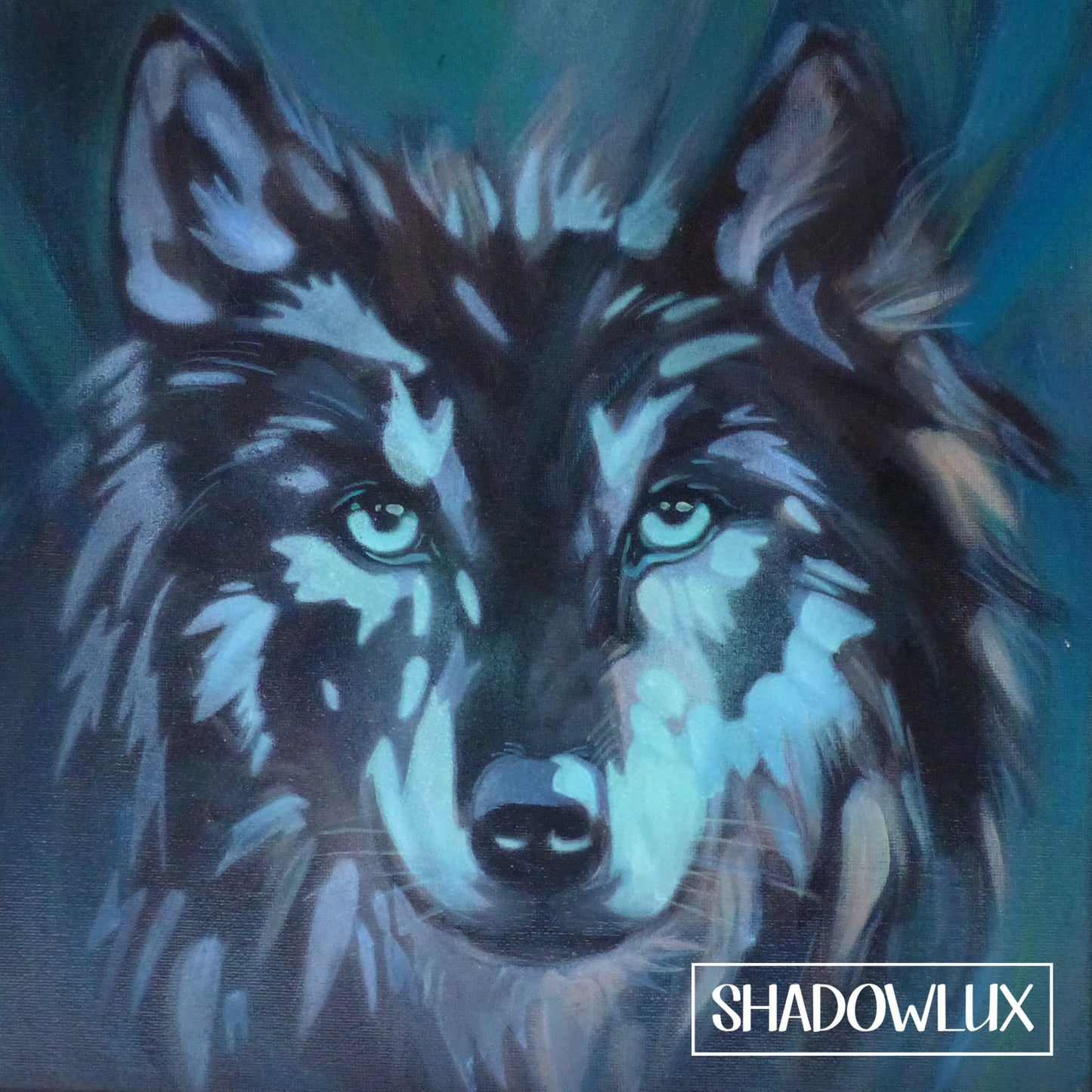 Glow in the dark wolf painting - Close-of the wolf’s face in green and brown tones with glowing eyes