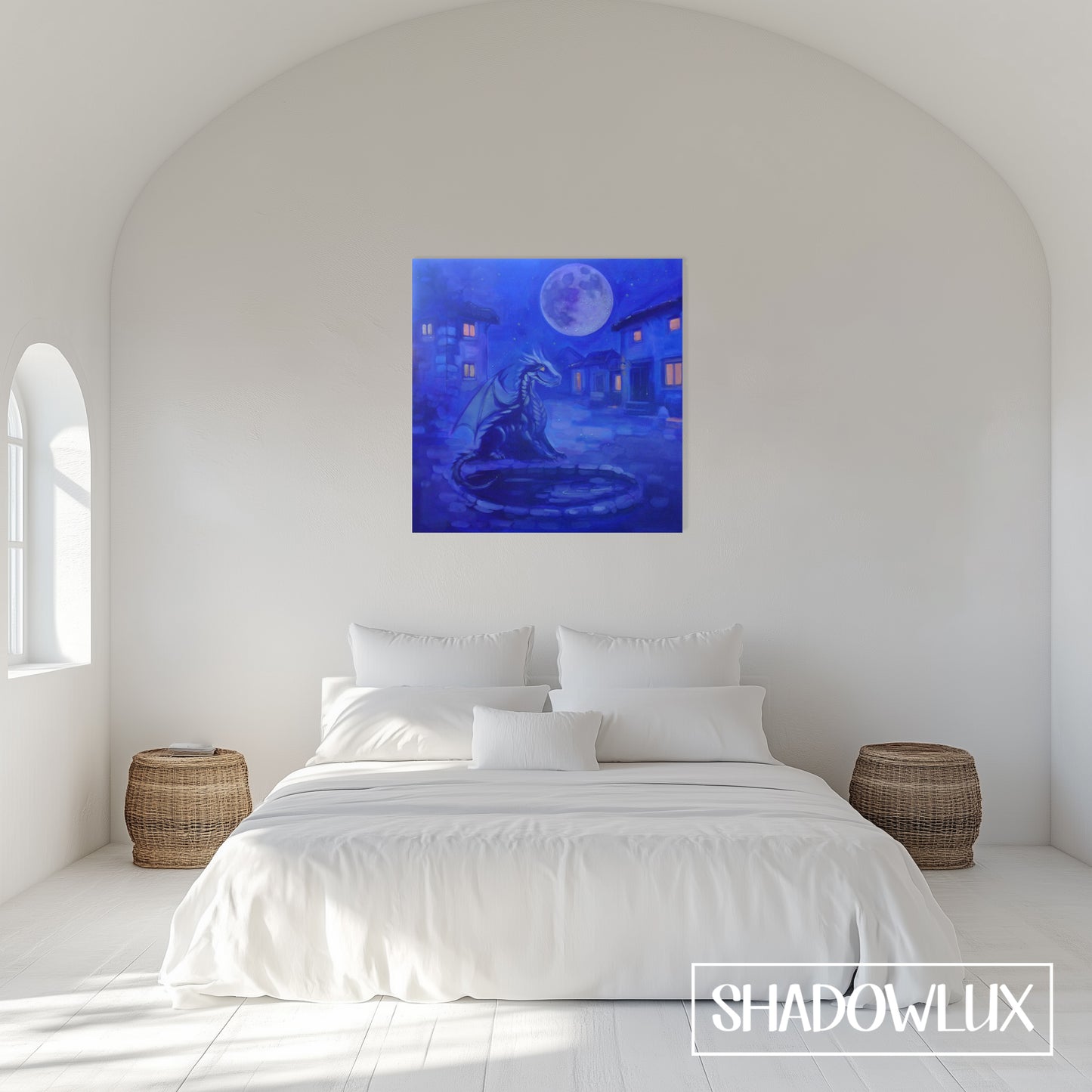 Canvas painting of a dragon in a nighttime village scene displayed in bedroom daylight