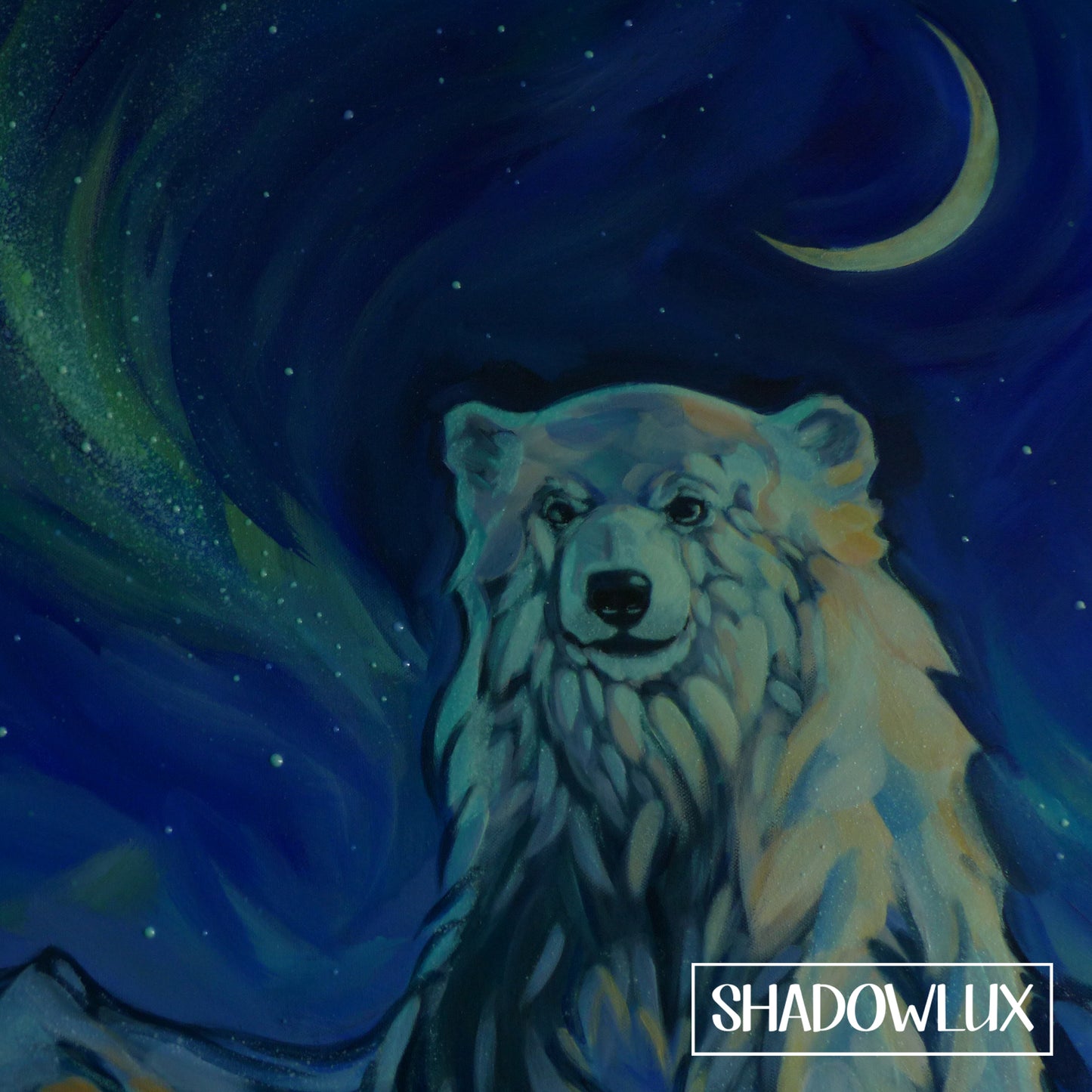 glow painting of aurora and bear
