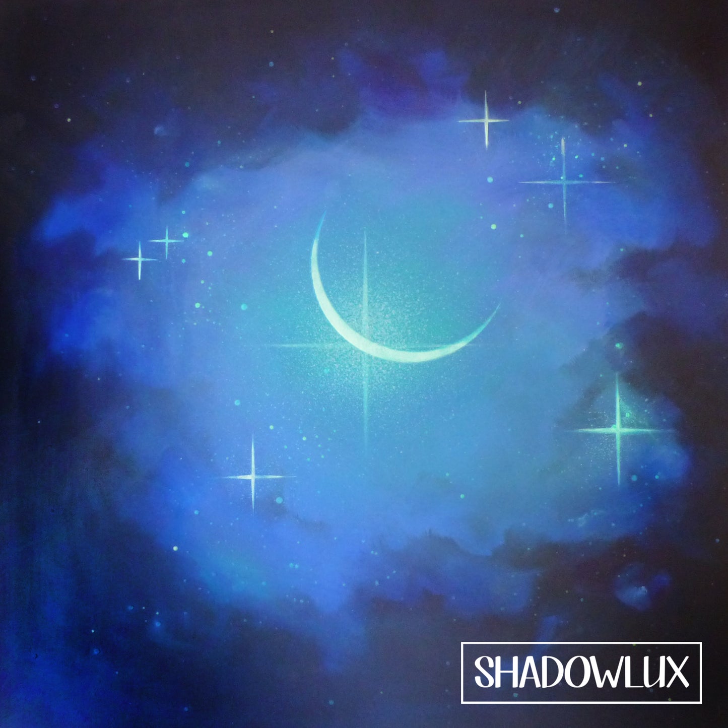 glow in the dark crescent Moon painting in different lighting conditions