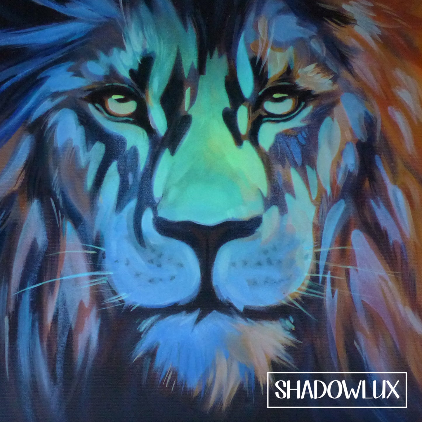 one of a kind glow in the dark lion painting in warm colours, glowing in the dark