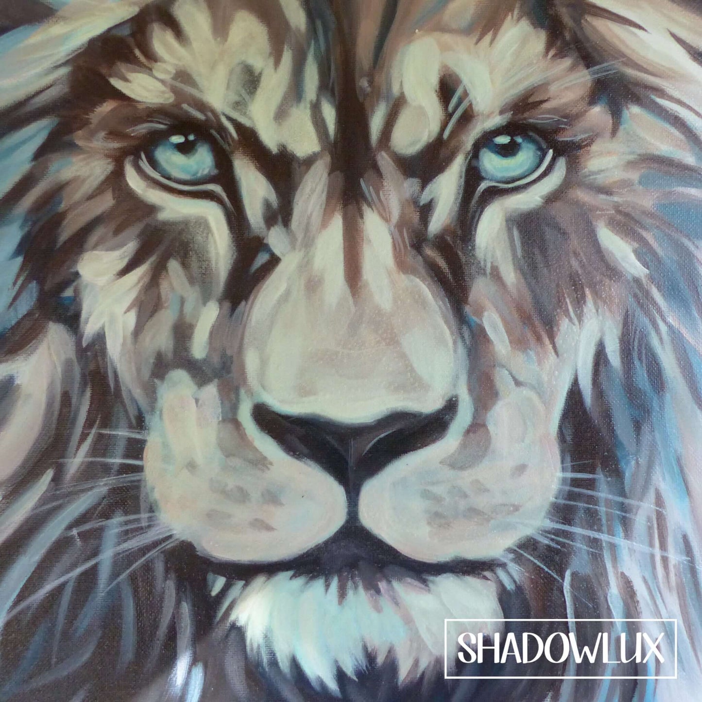 Hand-painted glow in the dark lion head portrait with luminous tawny tones and night blues
