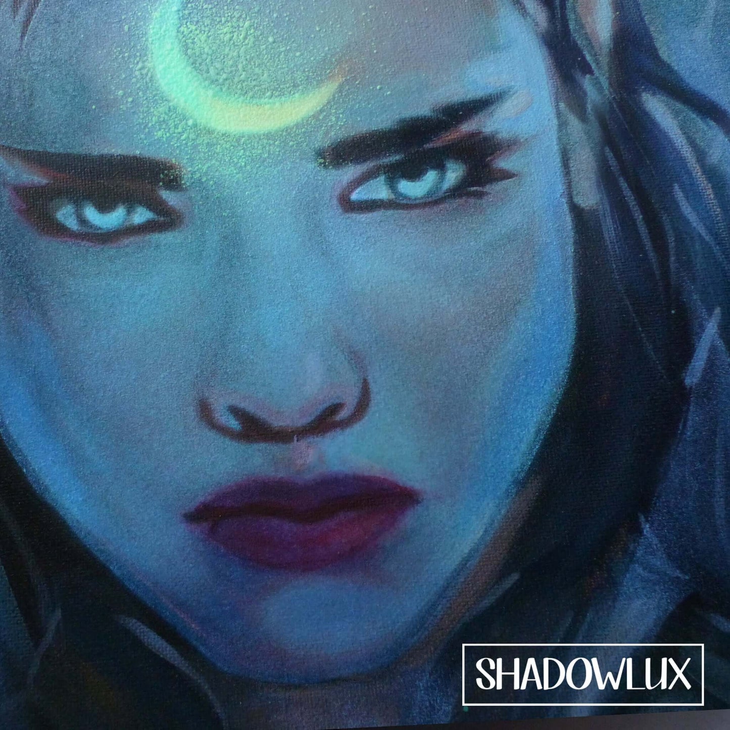 Crescent-moon-tattooed elf girl glowing in a fantasy night scene