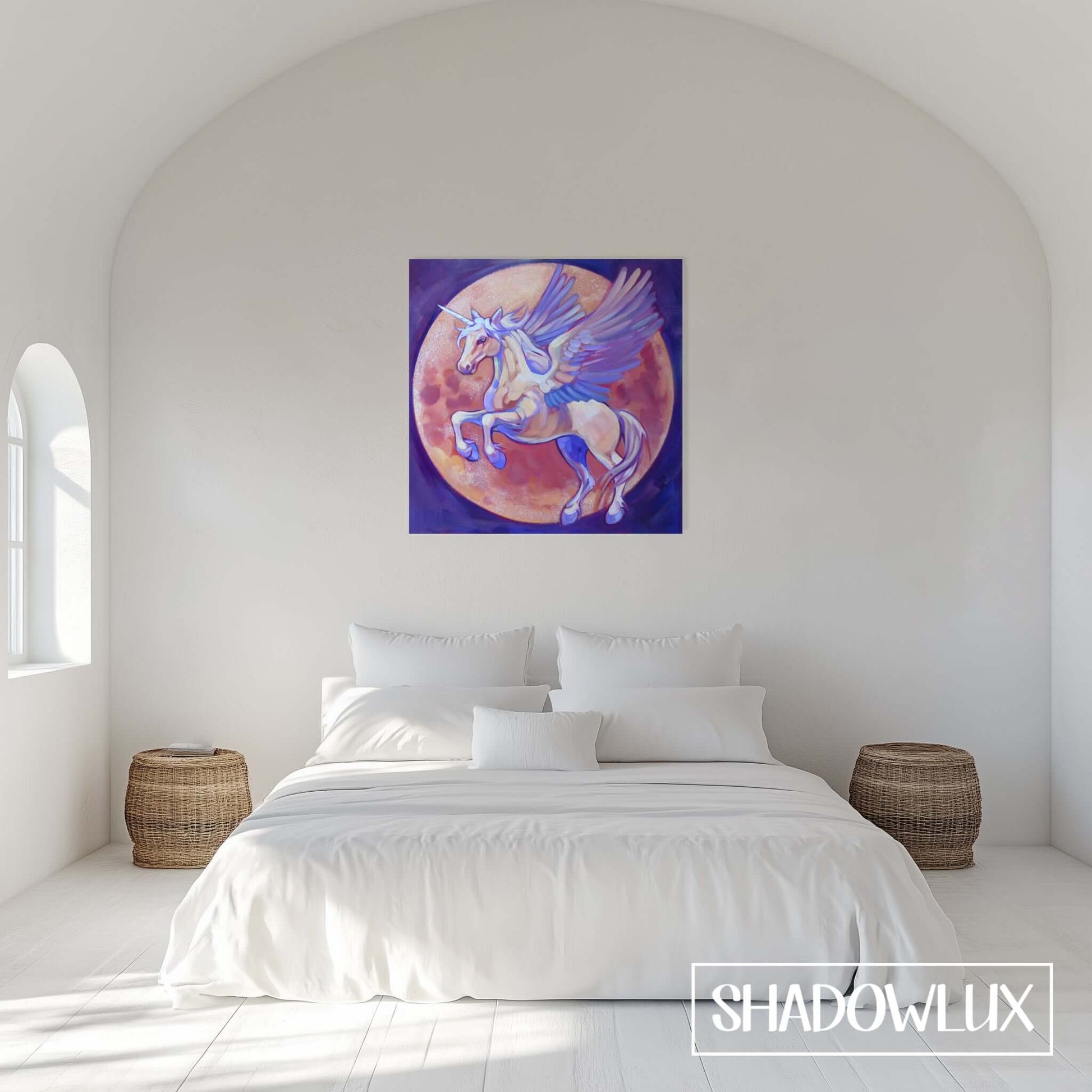 Pegasus, winged unicorn painting on a bedroom wall with a large red moon visible in daylight