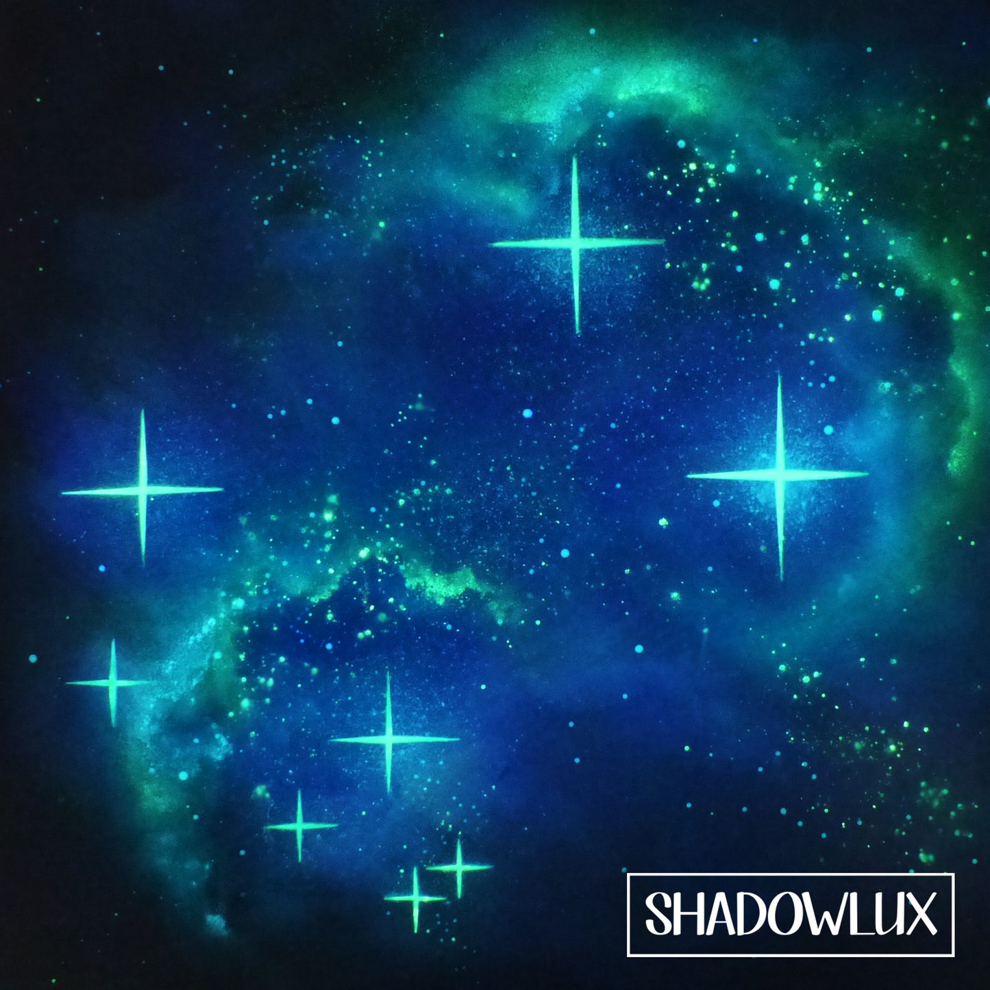 Glow in the dark art showing the bright stars of the Pleiades surrounded by nebula light