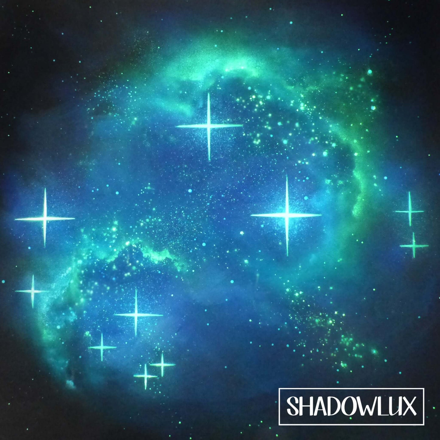 Artistic glow in the dark painting of the Pleiades constellation with twinkling stars