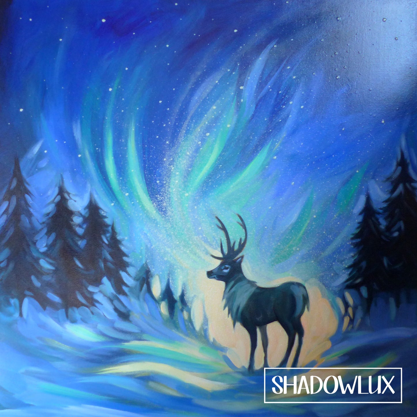 Acrylic Painting of a deer standing by snowy fir trees under a glowing green aurora sky