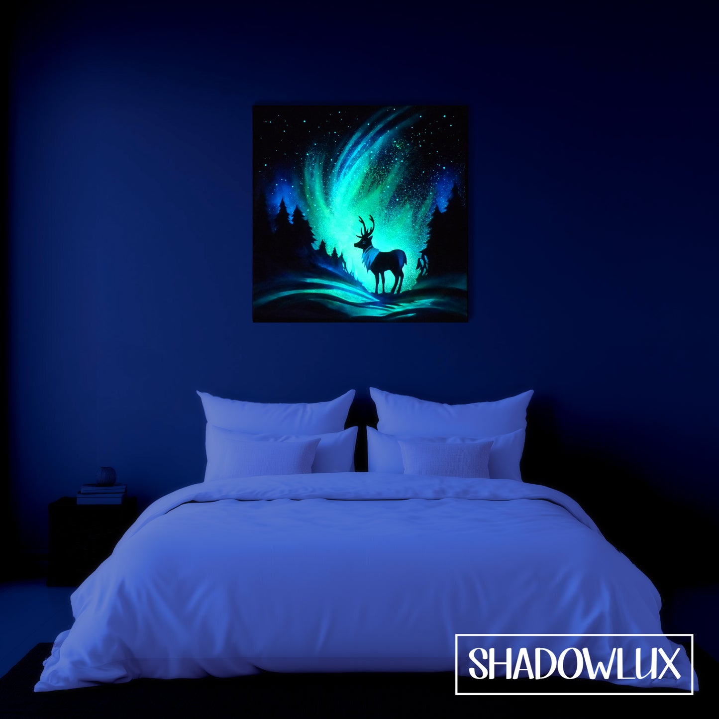 glow in the dark painting, deer under the northern lights in the snow