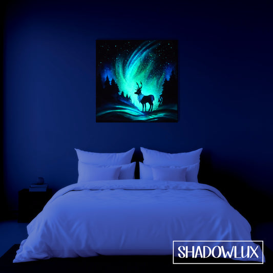 glow in the dark painting, deer under the northern lights in the snow