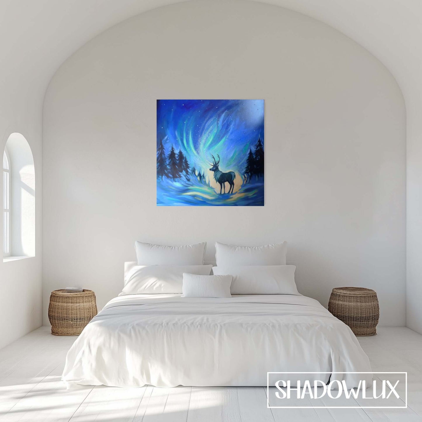 Hand-painted winter landscape with a deer, snowy fir trees, and vibrant green aurora lights in the starry sky