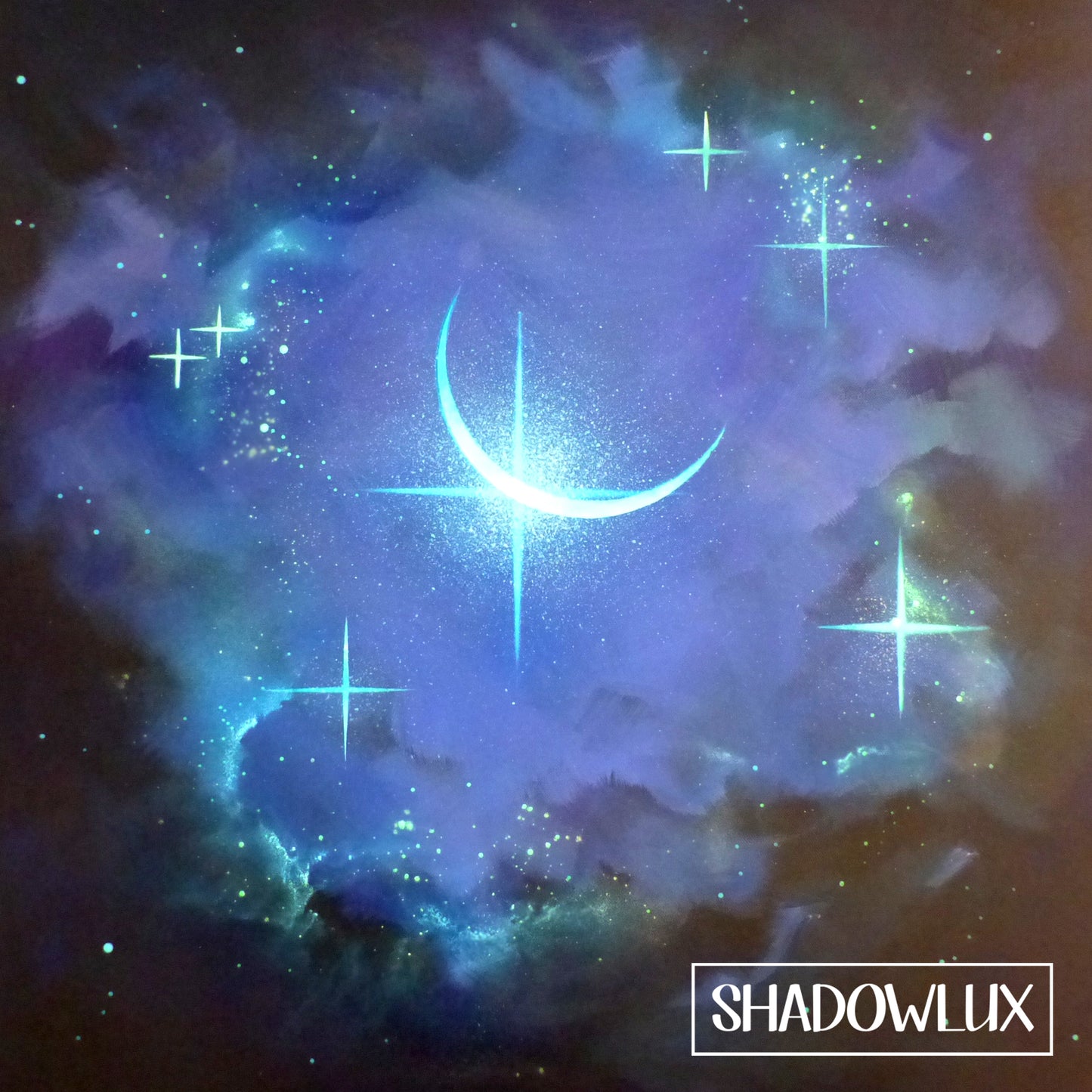 Painting of a crescent moon glowing softly in the night sky with surrounding stars
