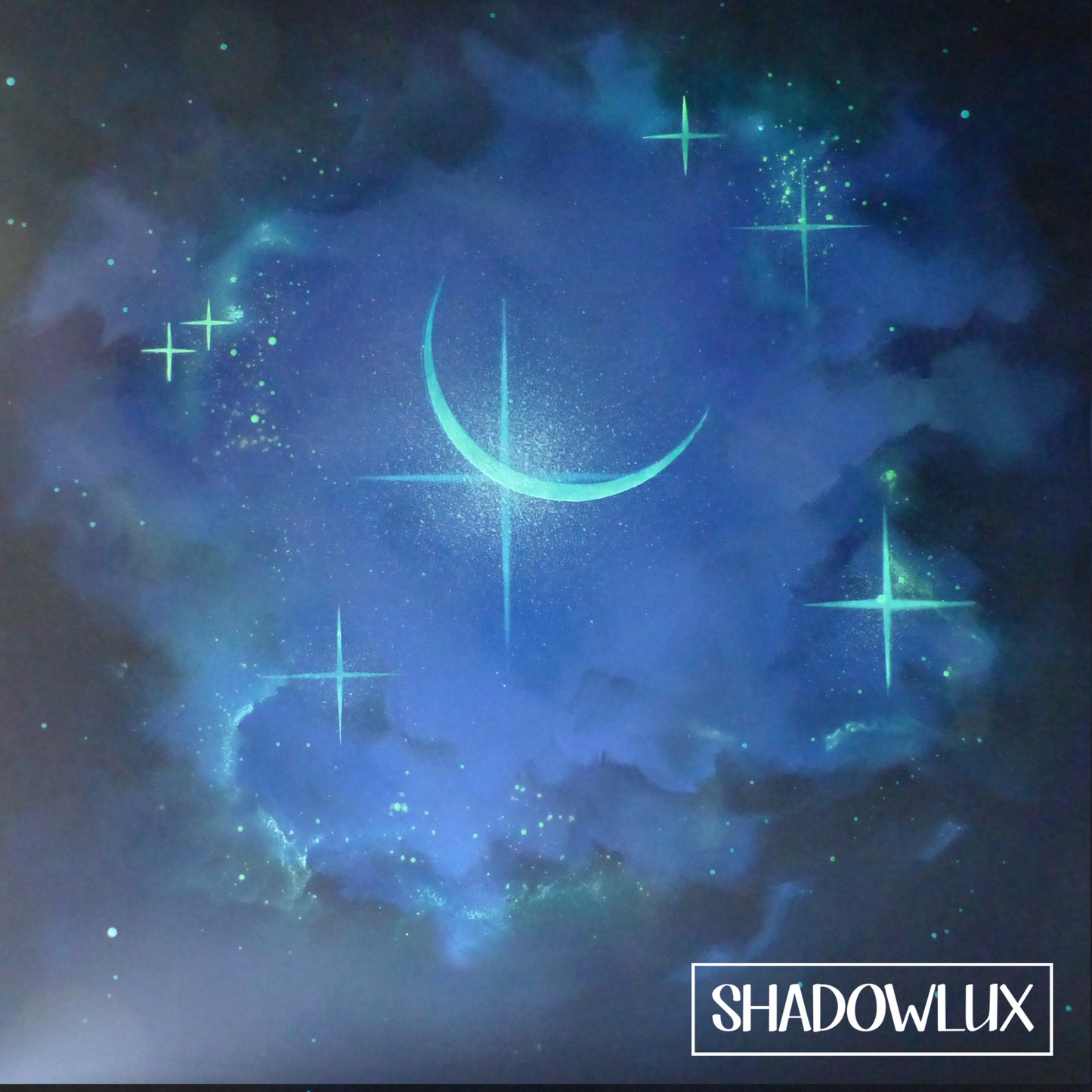 Glow in the dark artwork of a crescent moon casting a magical glow over a dark background with stars