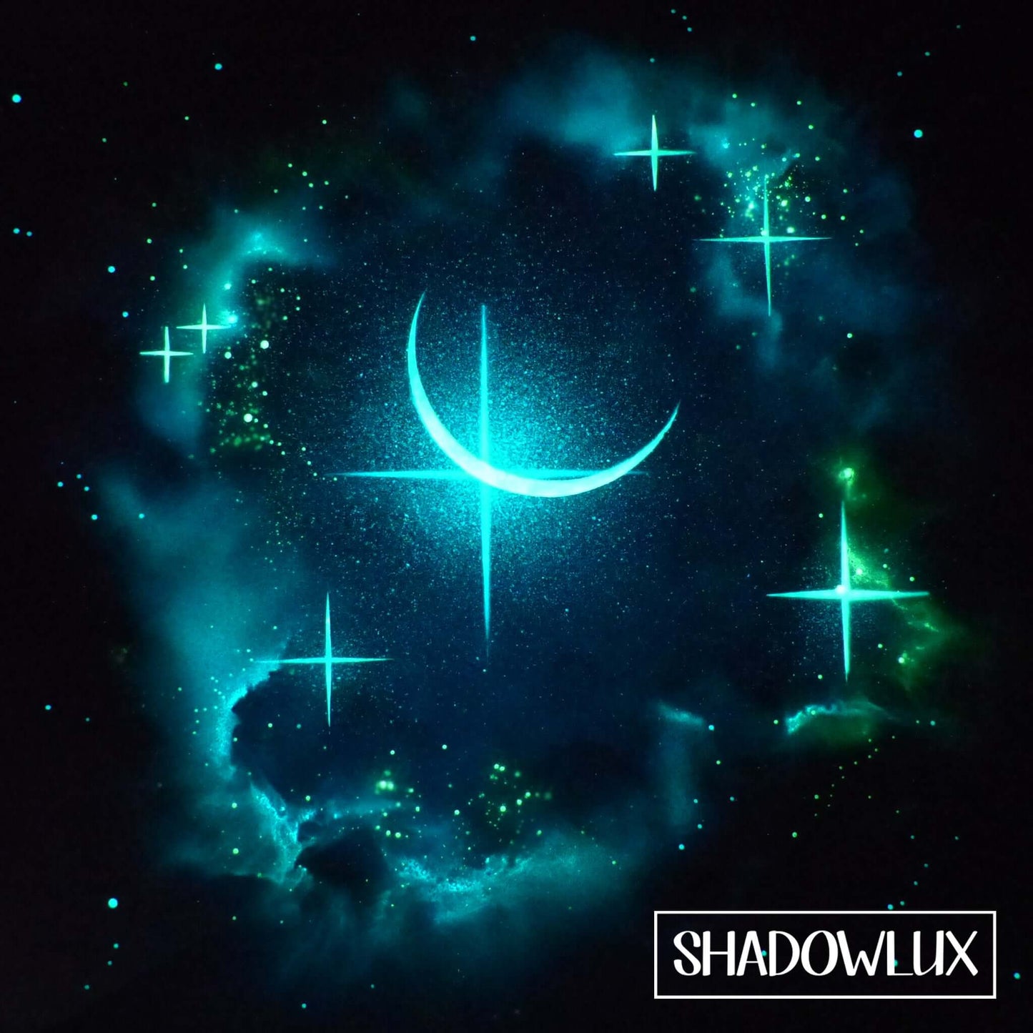 Ethereal glow in the dark painting of a crescent moon surrounded by glowing stars